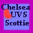 Four static display a blue square with 'Chelsea', 'UVS', and 'Scottie' text, each featuring an orange pixelated shape in different positions