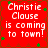 Red background with white pixelated text reading "Christie Clause is coming to town!" and scattered green star shapes.