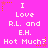 A static image with a bright pink background displays repeated text "I Love R.L. and E.H. Hot Much?" in white pixelated font, with orange and pink star decorations.
