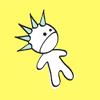 A white stick figure with spiky light blue hair lies on a solid yellow background, its head tilted left with two black dot eyes and a single curved line for a mouth.