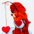 Static pixelated icon of a red cartoon bear holding a heart-shaped object on a stick, with visible dithering and color blending in the fur.