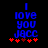 Blue pixelated text "I love you J8cc" on black background with red plus signs below, showing animation