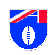 Six shield-shaped icons with blue backgrounds, red and white diagonal stripes at top, and central symbols including footballs or vertical lines.