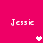 Pixelated text 'Jessie' appears four times on a solid pink background with two white hearts and one pink heart.