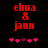 Red pixelated text 'elma & jaun' on black background with pink and purple heart symbols below, animated change in heart positions.