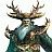 Pixelated icon of a figure with large branching antlers, dark green and brown body, light blue chest area, and raised arm against white background.