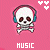 Pixel art contact sheet showing 11 animated frames of a skull icon with headphones and crossbones on pink background, each frame displaying different heart symbols above the skull.
