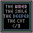 Three identical square icons with black backgrounds display text in pixelated font, each bordered by green and blue frames.