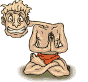 Pixelated cartoon character in orange swim trunks performs a sequence of head and arm movements while seated on a circular base.
