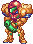 Pixel art of a muscular armored figure with red and green helmet, brown armor, blue accents, in six sequential poses showing arm movement.