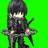 Pixelated character with black hair and dark clothing stands against bright green background holding a circular object.