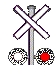 Two side-by-side railroad crossing signals with white X-shaped arms and two circular lights, one white and one red, on a gray background.