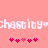 Pixelated text 'chastity' with heart symbols repeats horizontally on a pink background, accompanied by two of small red and pink hearts below