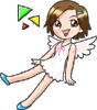 Animated cartoon angel with brown hair, white dress, pink bow, blue shoes, and wings in a seated pose with legs extended.