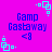 Pixelated blue text "Gamp Gastaway <8" on bright magenta background with cyan square-cornered corner decorations.