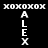 Four vertical display the name 'ALEX' with 'XOXO' above and below, each in distinct background colors
