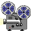 Four pixelated film projector icons arranged in a , each with blue reels and gray bodies against a light gray background