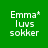 Green background with white text reading "Emma* luvS sokker" and blue rectangular overlays shifting across the text in a sequence.