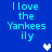 Blue background with light blue pixelated text reading "I love the Yankees ily" and white heart symbols in different positions across frames.