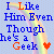 Four variations of a pixelated text-based icon showing "I Like Him Even Though he's a Geek" with rainbow backgrounds and colored hearts, each displaying different color schemes for letters and symbols.