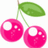 Two pink cherries with white highlights attached to a green stem and leaf on a white background.