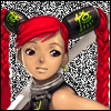 A character with red hair in pigtails and black-and-green accessories against a gray speckled background, showing subtle facial expression changes across frames.