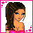 Pixel art contact sheet of a female character in various poses and text panels with pink borders, showing animation frames from an AIM buddy icon.