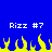 Blue background with yellow pixelated flames at the bottom and white text reading "Rizz #7" repeated twice.