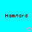 Two identical pixelated 'Hamtard' texts on cyan background with pink heart icons below each text.