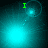 A four- shows a cyan light source moving through space with a green 'I' cursor, leaving dotted trails against dark teal backgrounds