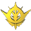Golden stylized emblem with leaf-like central symbol and pointed outer elements, displayed in multiple 3D rotation views against gray background.