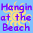A 48x48 pixel animated buddy icon featuring a yellow sun with radiating rays behind purple text reading "Hangin at the Beach" on a light blue background, displayed in a contact sheet of three sampled frames showing identical static content.