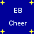 Blue background with yellow stars and repeated white text 'EB' and 'Cheer' in a pattern