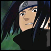 Animated sequence of a character with long black hair and a gray headband featuring a spiral symbol, wearing a high-collared black garment against a blurred green background.