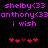 Pixelated text and heart symbols in purple and red on black background, with two identical side-by-side layouts showing repeated names and phrases.