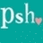 Teal background with white text 'psh' repeated three times, each followed by a small pink heart symbol.