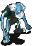 Blue and white pixelated creature in multiple crouched poses with subtle limb and head adjustments across frames.