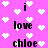 Pixelated text on a pink background with white heart shapes, displaying 'i love chloe' in black block letters.