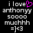 Pixelated text reads 'i love anthonyy 50000 muchhh =] <3' with a pink heart symbol replacing the letter O in 'love', displayed on black background.