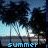 Pixelated summer scene with trees, streetlights, and water reflection under a blue sky, text 'summer' at bottom.