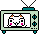 Two pixel-art TVs with teal antennas and legs display a white cat face; the right TV shows an additional pink heart symbol.
