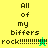 Pixelated text 'All of my biffers rock!!!!!!!!' on yellow and green backgrounds with animated star icons.