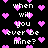 Black background with repeated white pixelated text 'when will you ever be mine?' and scattered pink heart shapes.