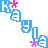Pixelated text 'Kayla' repeats diagonally in blue, pink, and purple with small star symbols on a white background.