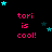 Pixelated text 'tori is cool!' in pink appears with cyan and dark blue stars on a black background, stars shift position across frames.