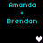 Two identical pixelated text displays of 'Amanda + Brendan' with a heart symbol changing between white and gray on black background.