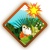 Pixelated diamond-shaped icon with orange border showing mountain landscape, sun, clouds, and green terrain.