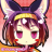 Pixelated chibi-style character with purple fox ears, brown hair, pink eyes, and red cheeks against a pink gradient background.