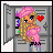 Pixel art animation of two characters in a locker room with text overlays, showing character transformations and text changes.