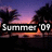Pixelated sunset scene with purple and pink sky, dark silhouetted trees, and orange water reflection, overlaid with 'Summer '09' text in white block letters on black bar.